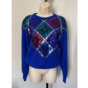 Vintage Blue Sequin Sweater disco glam knit holiday – Made in Hong Kong